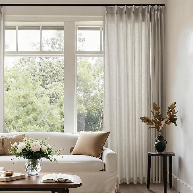 Burlywood Birch Pleated Sheer Curtains 108 Inches Long 72 Inch Wide | Taupe, Memory Shape, Pinch Pleat, Linen Textured Curtains, Extra Long, Light Filtering, Windows Curtain, for Living Room