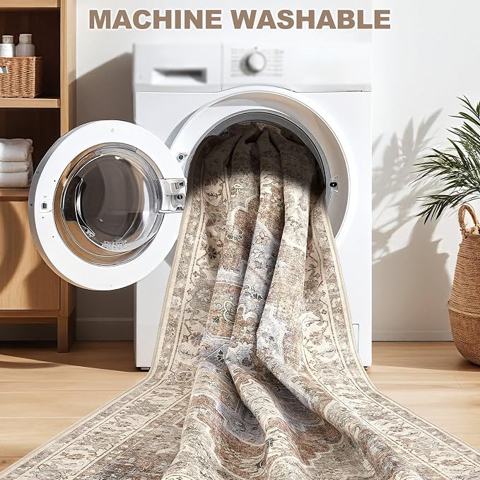 6x9 Washable Area Rug: Vintage Neutral Soft Non Slip Thin Large Floor Carpet for Living Room Bedroom Kitchen Dining Room Home Office Farmhouse Indoor - Grey Brown