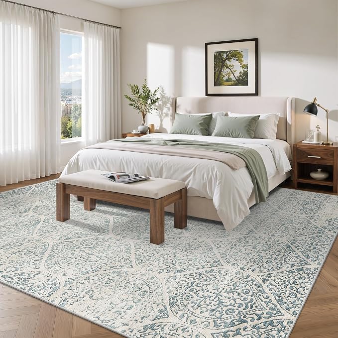 Soalmost 8x10 Area Rugs for Living Room, Moroccan Trellis Washable Soft Rug | Stain Resistant Non-Slip Low Pile Natural Large Carpet for Dining Room Bedroom Home Office Nursery Teal Blue, 8'x10'