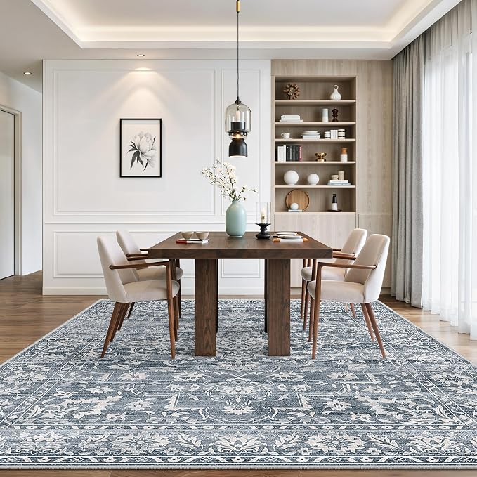 Soalmost 8x10 Area Rugs for Living Room, Washable Bedroom Soft Rug Blue | Vintage Floral Non-Slip Low Pile Stain Resistant Throw Large Neutral Carpet for Dining Room Kitchen Home Office 8'x10'