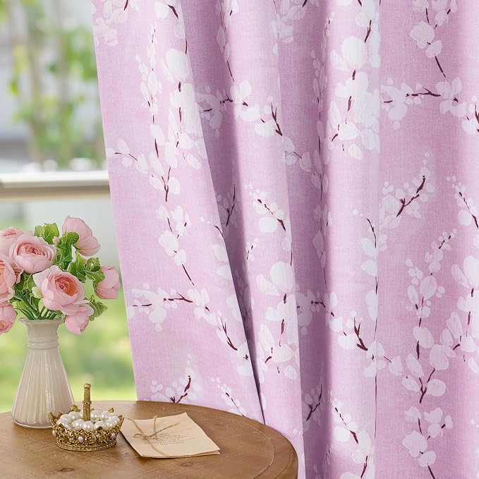 FMFUNCTEX 100% Blackout Pink Floral Curtains 63 Inch Long Grommet 2 Panels | Black Out Drapes, Thermal Insulated Cottage Farmhouse, Blossom Flower Patterned Curtain for Bedroom, Living Room Darkening