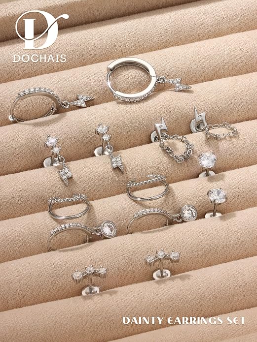 Dochais Flat Back Cartilage Earrings for Women Trendy Dainty CZ Flatback Studs Earing Sets 14k Gold Plated Hypoallergenic Huggie Hoops Earring Stacks for Multiple Piercing
