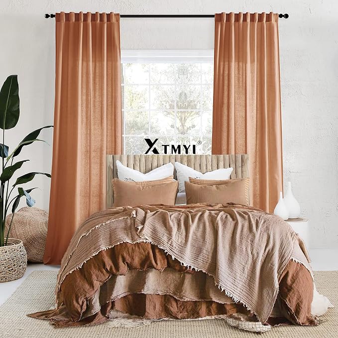XTMYI Bohemian Rustic Curtains for Living Room Decor 2 Panel Set Linen Cotton Sheer Back Tab Hooks Pleated Fall Curtains for Bedroom Window,Pale Copper Rust Terracotta,96 Inch Long