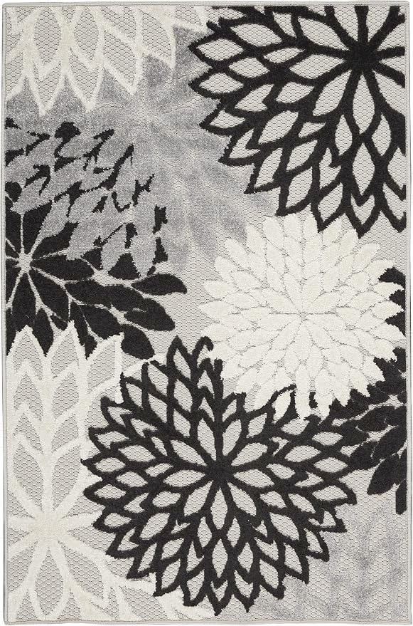Nourison Home Aloha Indoor/Outdoor Black White 2'8" x 4' Area Rug, Tropical, Botanical, Easy Cleaning, Non Shedding, Bed Room, Living Room, Dining Room, Deck, Backyard, Patio (3x4)