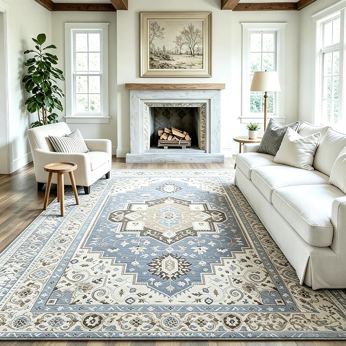 3x5 Area Rug for Living Room-Vintage Farmhouse Boho Floral Washable Stain Resistant Indoor Carpet for Bedroom Office and Home Decor(Floral Blue)