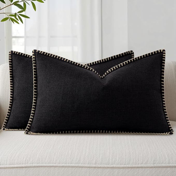 decorUhome Black Faux Linen Outdoor Throw Pillow Covers 12x20 Set of 2 | Fall Decorative Textured Neutral Modern Farmhouse Pillow Covers with Stitched Edge for Couch Sofa Bed Living Room