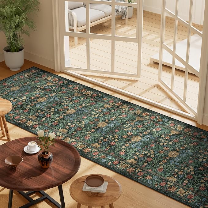 DUKINO 2x10 Runner Rug, Washable Vintage Floral Kitchen Rug, Green | Non Slip, Low Pile, Non-Shedding, Stain Resistant Soft Long Runner Carpet for Hallway, Bathroom, Bedroom, Entryway, Farmhouse