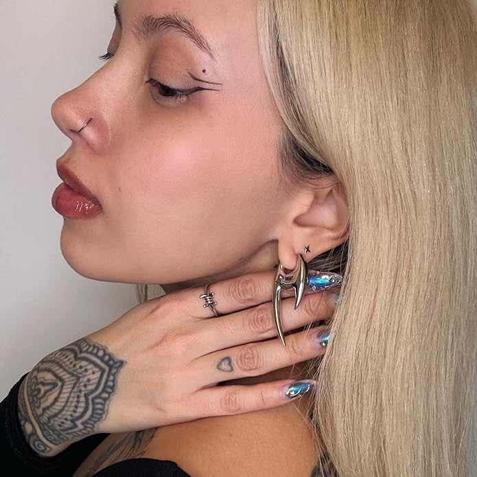 PUNKYOUTH Sharp Line Fluid Curve Earrings 18G 1mm Piercing Jewelry Edgy Minimalist Modern Claw Spike Huggie Hoop Dangle Drop For Women Men Polished Statement Everyday Wear Fashion Accessories