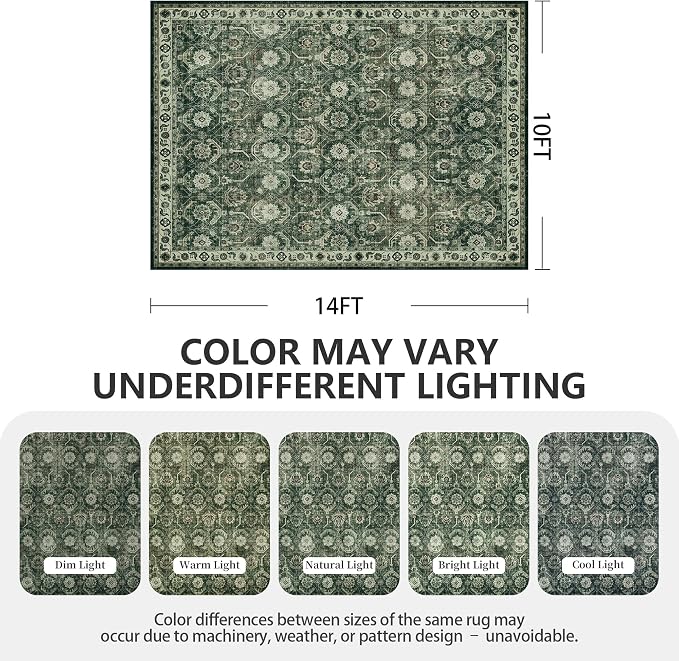 Large Area Rug 10x14, Soft Non Slip Low Pile Washable Rug, Boho Modern Area Rug for Living Room, Bedroom, Dining Room, Sage Green