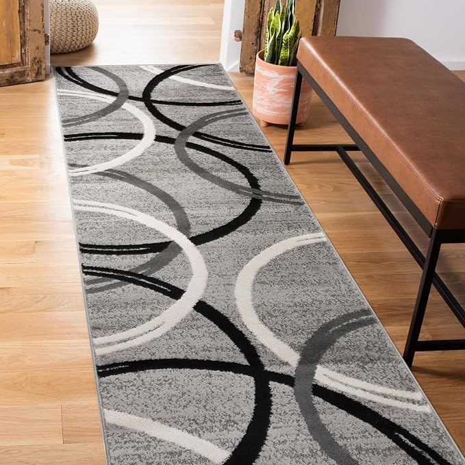 Rugshop Wavy Circles Non-Shedding Living Room Runner Rug Gray 2'7" x 8'