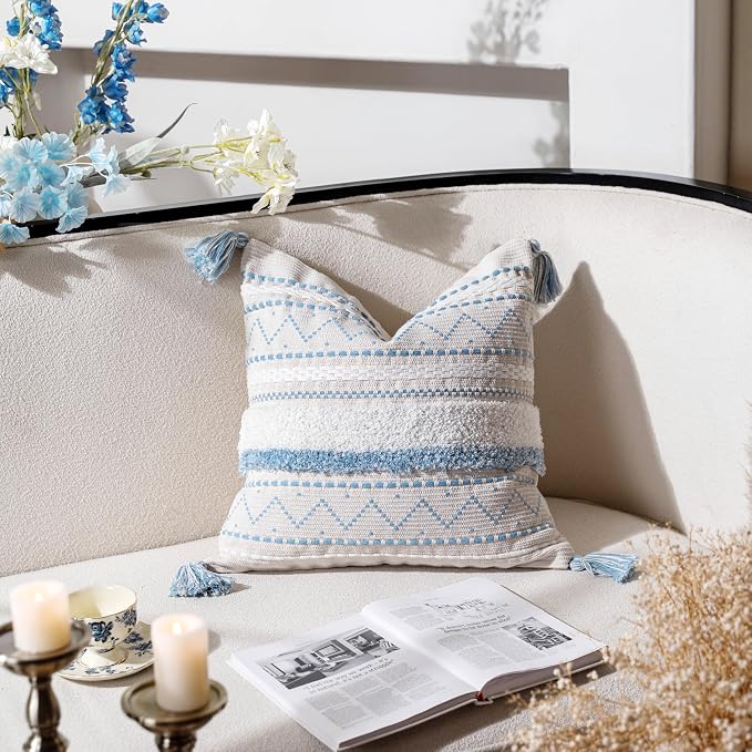 BlissBlush 20X20 Throw Pillow Cover, Coastal Blue Square Decorative Cushion Cover, Boho Accent Pillowcase with Tassels for Couch Sofa Living Room (Cover Only)