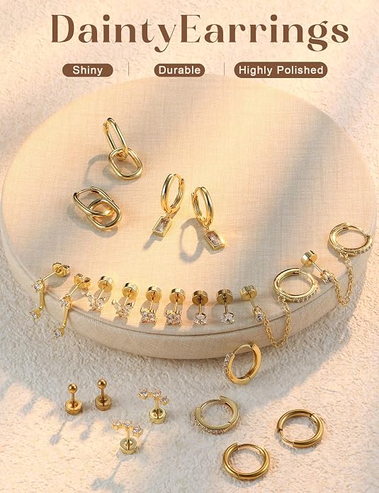 Small 14K Gold Plated Huggie Hoop Earrings for Women Lightweight Double Piercing Chain Earrings Dainty Stud Earrings Hypoallergenic 14K Gold Plated Hoop Earrings Set