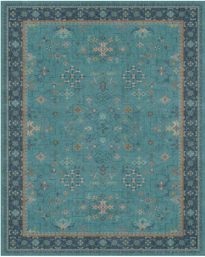 Hazo Haus Teal 3x6 Wide Non Slip Kitchen Rug - Washable Front Door Runner Indoor Entrance, Vintage Floral Pattern Indoor Decor, Non Slip Soft Low Pile Fade Resistant