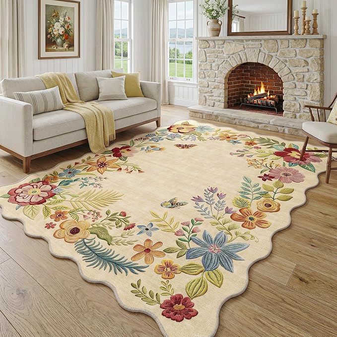 FMFUNCTEX 6x9 Washable Beige Floral Boho Scalloped Area Rug for Living Room | Vintage Flower Colorful Traditional Soft Cream Non Slip Low Pile Large Pattern Indoor Thin Carpet Bedroom Dining Room Nursery