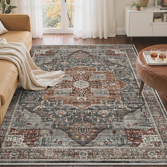 Roxstand 4x6 Washable Area Rugs, Vintage Non Slip Rug Grey/Brown/Tan | Low Pile Vintage Stain Resistant Rug, Non-Shedding Design, Pet & Kid Friendly, Carpet for Living Room, Bedroom, Dining Room