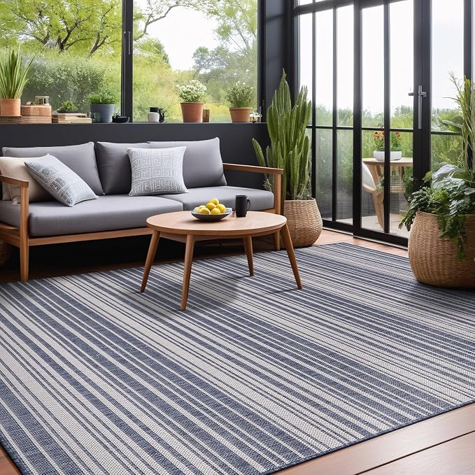Luul Home Stripe Outdoor Rug 10x14 Washable Outside Carpet for Indoor Patio Porch Waterproof Easy Cleaning Non Shedding Area Rugs Blue 10 x 14