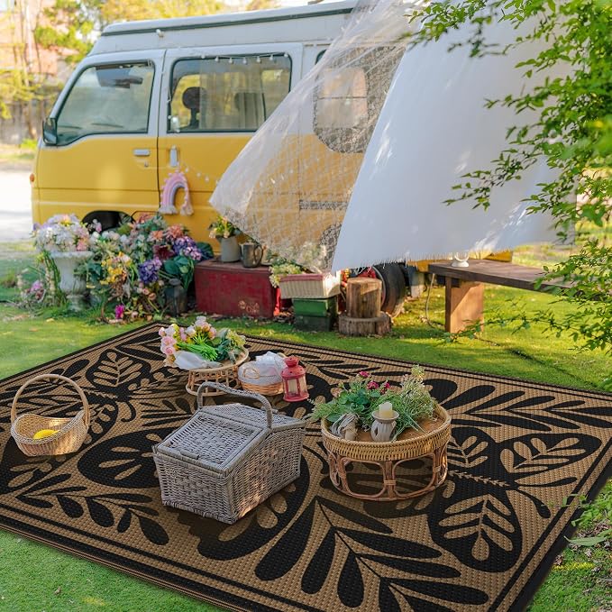 GENIMO Outdoor Rug, Waterproof Plastic Rugs for Patio, 6'x9' Black | Outside Larger Leaf Carpet Mat for Porch Decor, Deck, Balcony, Camping, RV, Backyard, Picnic, Beach, Reversible, Foldable