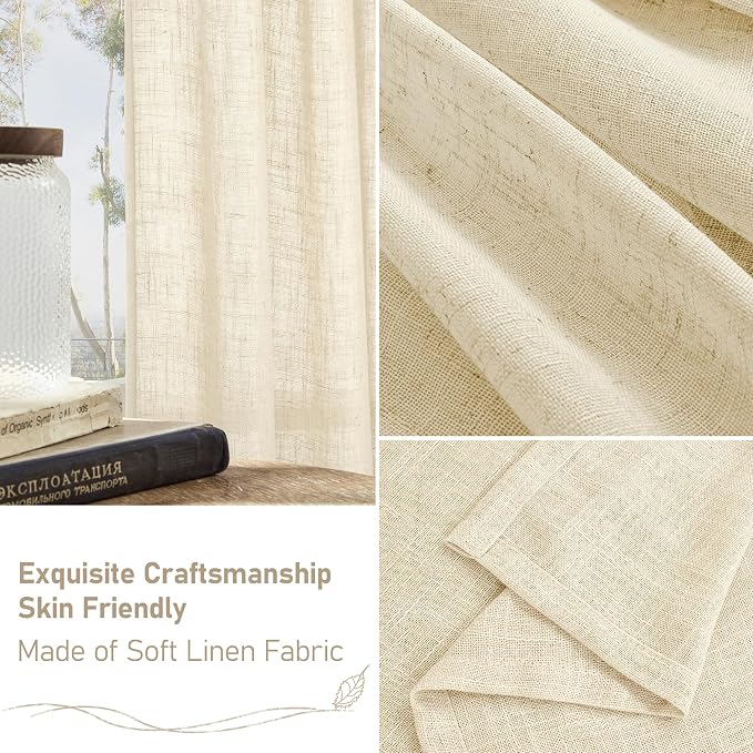 LAMIT Short Linen Window Curtains 30 Inches Long 2 Panels, Beige Semi Sheer Light Filtering Panels Back Tab and Rod Pocket Neutral Drapes for Basement/Small Windows, 34 x 30 Inch