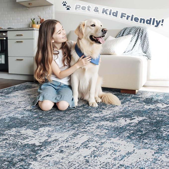 pmtsns Area Rugs 8x10 for Living Room: Washable Rug Modern Abstract Neutral Soft Non-Slip Low-Pile Indoor Large Carpet for Bedroom Dining Room Playroom Home Office (Blue Grey, 8'x10')