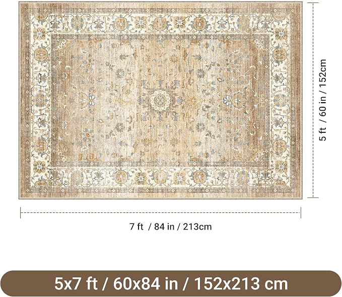 befbee 5x7 Area Rugs for Living Room,Stain Resistant Washable Rug,Non-Slip Backing Rugs for Bedroom,Kitchen,Printed Vintage Home Decor Rug (Apricot/Blue, 5'x7')