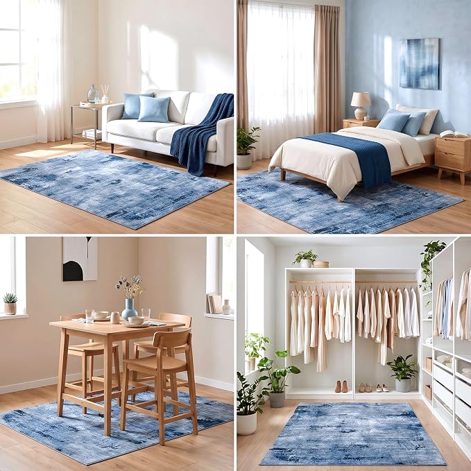 Washable Water Resistant Area Rug, Ultra Soft Abstract Distressed Carpet, 0.3" Low Pile, Foldable, Non-Slip Backing, for Entryway Bedroom Bedside Areas, 3'x5', Navy Blue