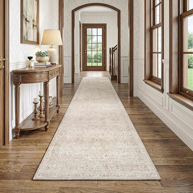 FMFUNCTEX 3x10 Hallway Runner Rug Beige Vintage Neutral Washable Distressed Non Slip Low Pile Indoor Carpet Soft Retro Entryway Rug for Kitchen Bathroom Laundry Entrance Living Room Bedroom Bedside