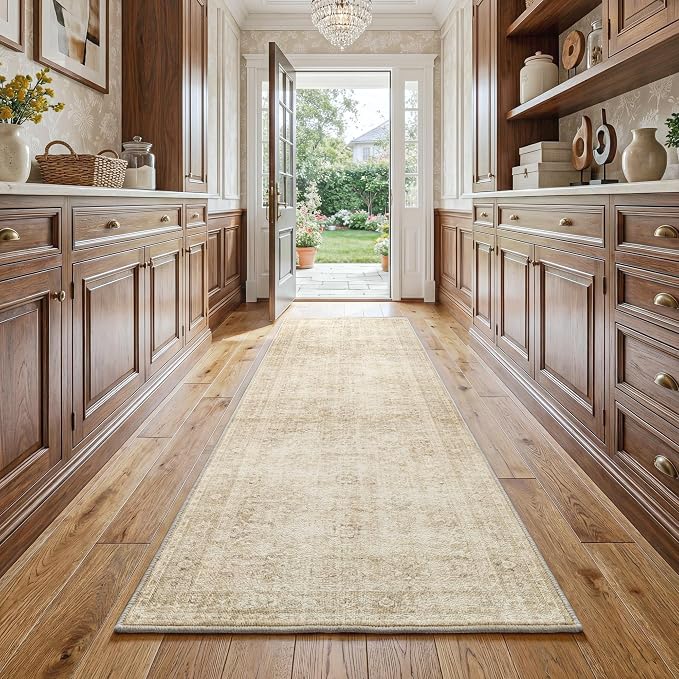 Fmfunctex 2x8 Runner Rug Beige Washable Neutral Vintage Distressed Oriental Traditional Non Slip Low Pile Indoor Carpet Retro Hallway Entryway Rug for Kitchen Living Room Bedroom Laundry Entry Bedside