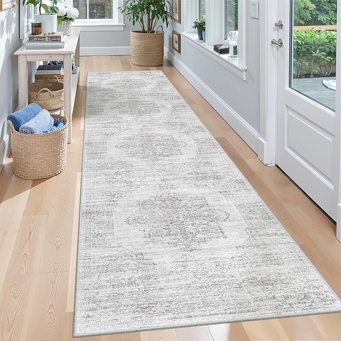 2x8 Runner Rug Non Slip,Washable Hallway Runner Rug,Grey | Neutral Rugs for Kitchen,Entryway,Bedroom,Bathroom,Nursery Room,Thin,Soft Runner Rug,Stain Resistant Indoor Carpet
