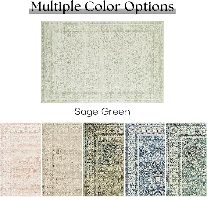 Sage Green Area Rug for Bedroom Neutral Boho Farmhouse Floral Distressed Design 5x8 Rug with Washable No Slip Soft 5 by 8 Area Rugs for Living Room Home Office Dining Room Carpet for Under Table