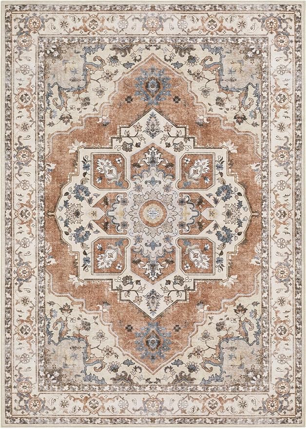 6x9 Washable Area Rug: Vintage Neutral Soft Non Slip Thin Large Floor Carpet for Living Room Bedroom Kitchen Dining Room Home Office Farmhouse Indoor - Brick Red