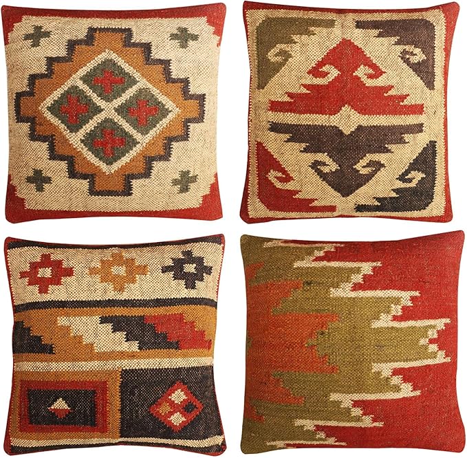 Set of 4 Wool Jute Vintage Kilim Cushion Covers,Home Decor Pillowcases Handwoven Turkish Pillow Decorative Throw Pillow Covers (Multicolor-7)