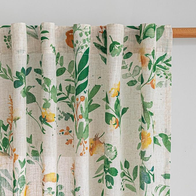 MYSKY HOME Floral Linen Curtains 90 inch Length 2 Panels Set - Sage Green Curtains Light Filtering Semi Sheer Farmhouse Patterned French Drapes Back Tab for Living/Dining Room, 50" W Each Panel