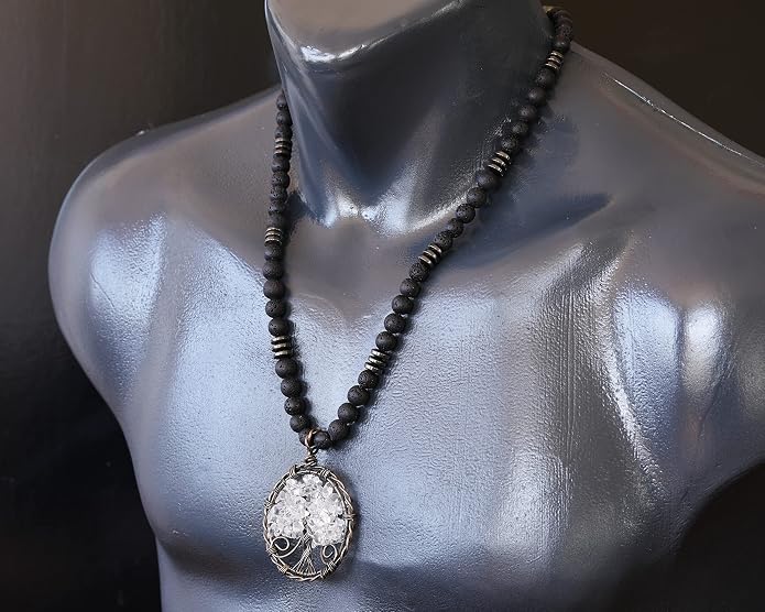 ElisaJewelryArt - Natural Labradorite Big Tree Of Life Black Lava Stone Beaded Necklace Genuine Gemstone Energy Stone Clasp Closure Necklace Unisex Necklace