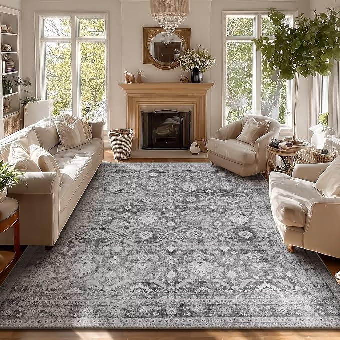 Boho Washable 8x10 Area Rugs for Living Room, Cushioned, Grey | Vintage Non-slip Neutral Oriental Rugs for Bedroom Dining Room Nursery Office High Traffic Area