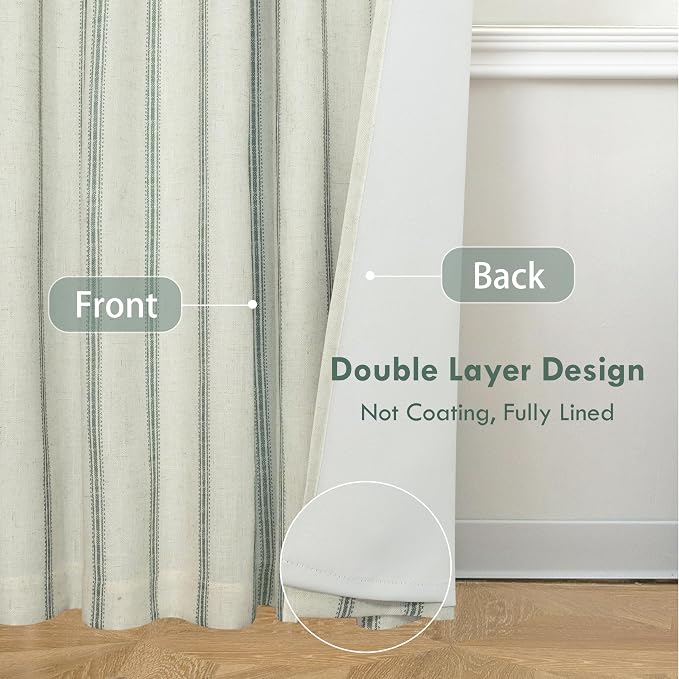 DriftAway Farmhouse Stripe Blackout Curtains, W52xL96, Loden Green | Blackout, Linen Texture, Stripe Pattern, Rod Pocket & Back Tab, Two Layers, Bedroom Living Room Use, Sound Reducing Design
