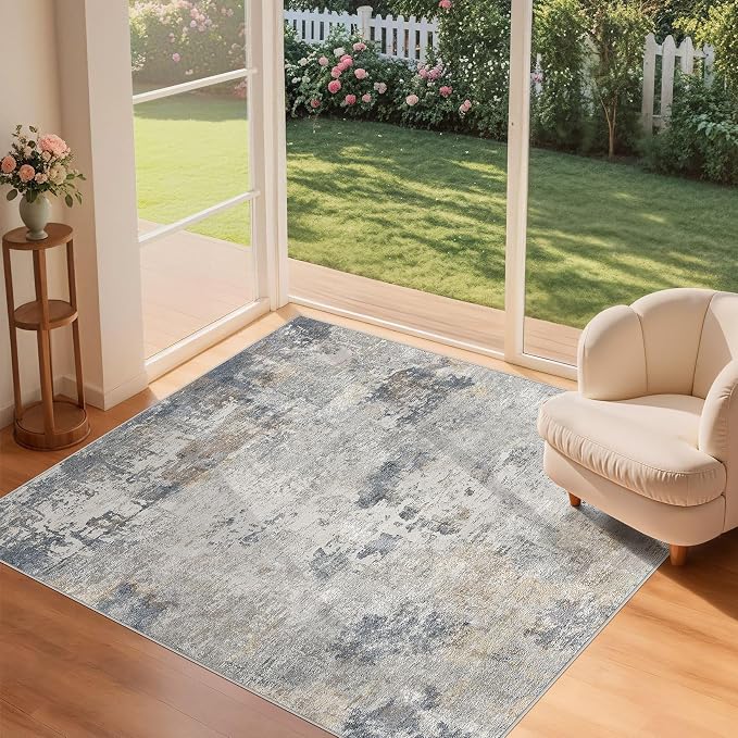 UERMEI Square Area Rugs : Washable 5x5 Neutral Modern Abstract Carpet for Living Room Bedroom - Soft Floor Mat with Non Slip Backing for Kitchen Nursery Dorms Farmhouse Home Decor - Blue Grey