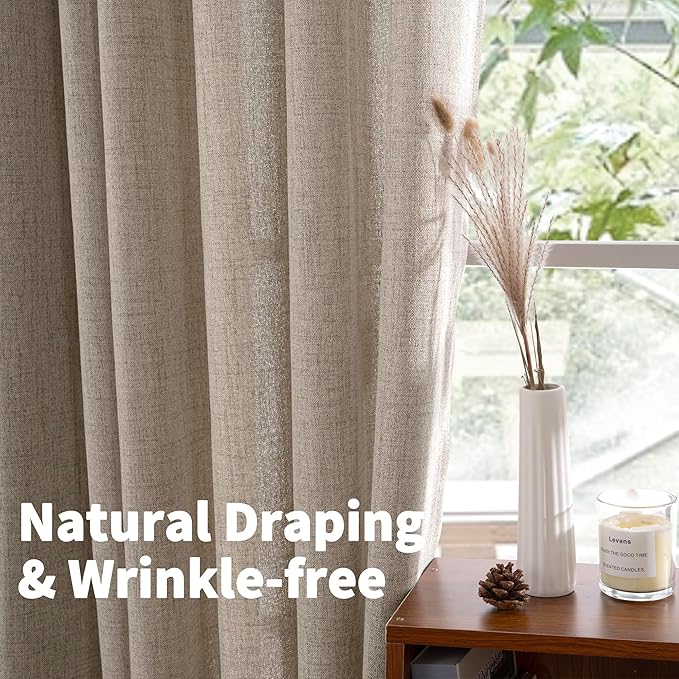 YoungsTex Oatmeal Linen Curtains 98 Inch Length for Living Room Window, Light Filtering Drapes Rustic Semi Sheer with Bronze Grommet Privacy for Bedroom Farmhouse Decorative, 52 x 98 Inch, 2 Panels