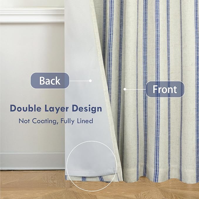 DriftAway Farmhouse Stripe Blackout Curtains, W52xL102, Navy | Blackout, Linen Texture, Stripe Pattern, Rod Pocket & Back Tab, Two Layers, Bedroom Living Room Use, Sound Reducing Design