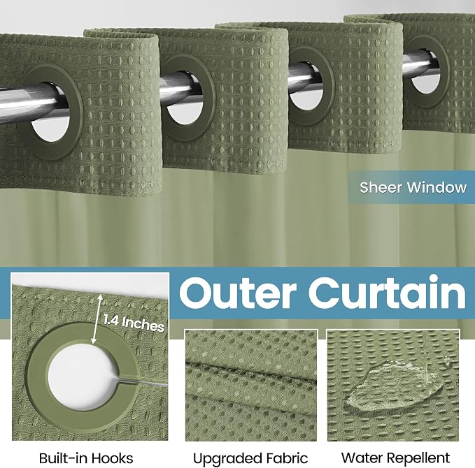 EUTXL Heavyweight Sage Green Hotel Shower Curtain - 256GSM Waffle Textured Heavy Duty Thick Fabric Shower Curtains for Bathroom,71W x 74H