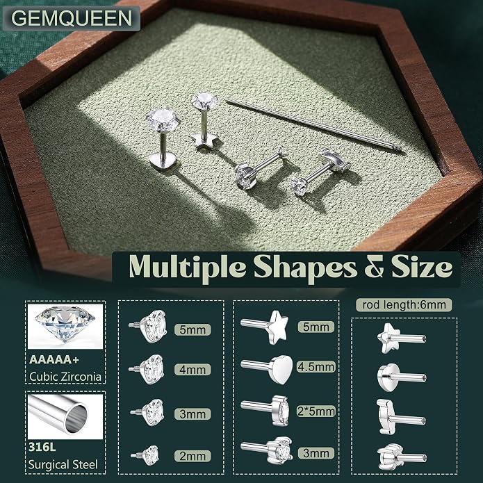 GEMQUEEN Reversible Flat Back Earrings Studs Hypoallergenic - 14K Gold Filled Surgical Steel Earring 18G Cartilage Helix Tragus Conch Piercing Jewelry Extended Internal Thread Earrings for Women Men