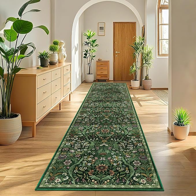 3x12 Washable Runner Rug,Dark Green Floral Long Rugs for Hallway,Low-Pile Non-Slip Stain Resistant Boho Carpet for Kitchen, Bedside,Laundry Room,Entryway