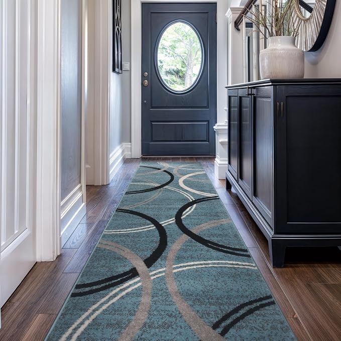 Rugshop Wavy Circles Modern Jute Backing Runner Rug Blue 2'7" x 6'