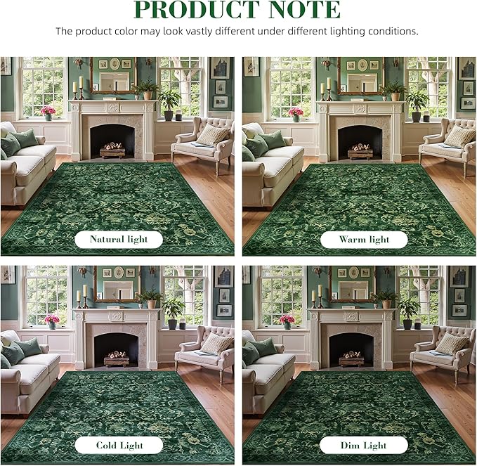 Dark Green Vintage Area Rug 4x6 for Living Room Bedroom, Washable Distressed Farmhouse Soft Thin Non-Shedding Indoor Throw Rug, Traditional Accent Carpet for Bedroom Office