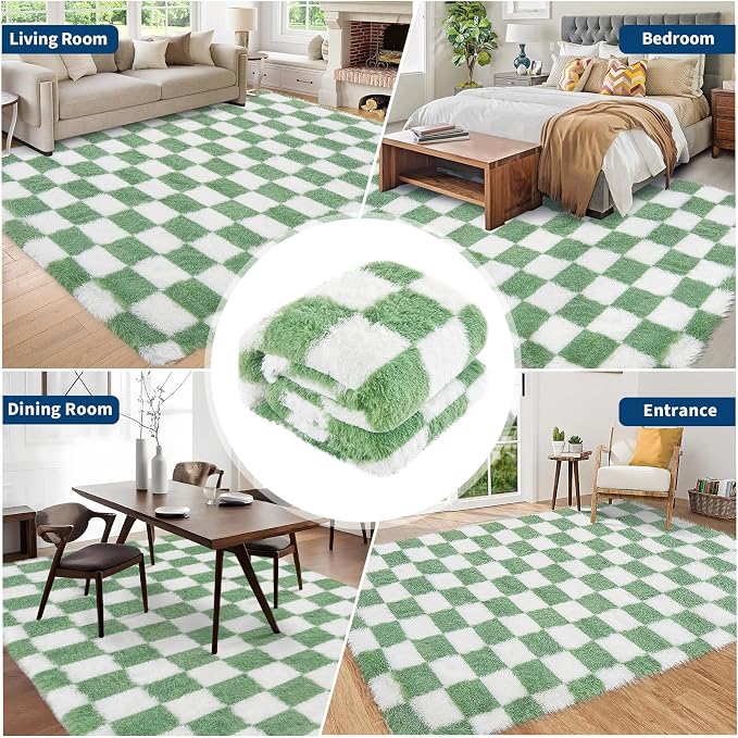 Garvee Checkered Area Rug 9x12 Large Rug Thick Super Soft Shaggy Rugs Fluffy Carpet Fluffy Fuzzy Shag Washable Rugs for Living Room Nursery Bedroom Luxury Playroom Teen Plush Carpets,Green White