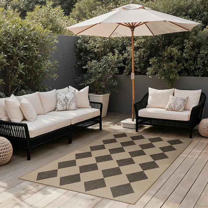 GENIMO Indoor Outdoor Area Rug 5'x8', Checkered Easy Jute Rug Machine Washable, Easy-Cleaning, Non Slip Geometric Diamond Outdoor Carpet for Patio, Living Room, Backyard, Porch, Deck, Balcony