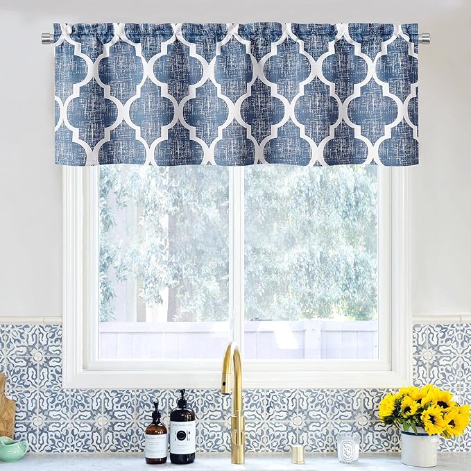 Beauoop Moroccan Valance Curtains for Kitchen Cafe Blue 52x18 1 Panel | Geometric Blackout Short Curtains for Living Room Bedroom 18 Inch Length Thermal Quatrefoil Small Window Curtains Rod Pocket