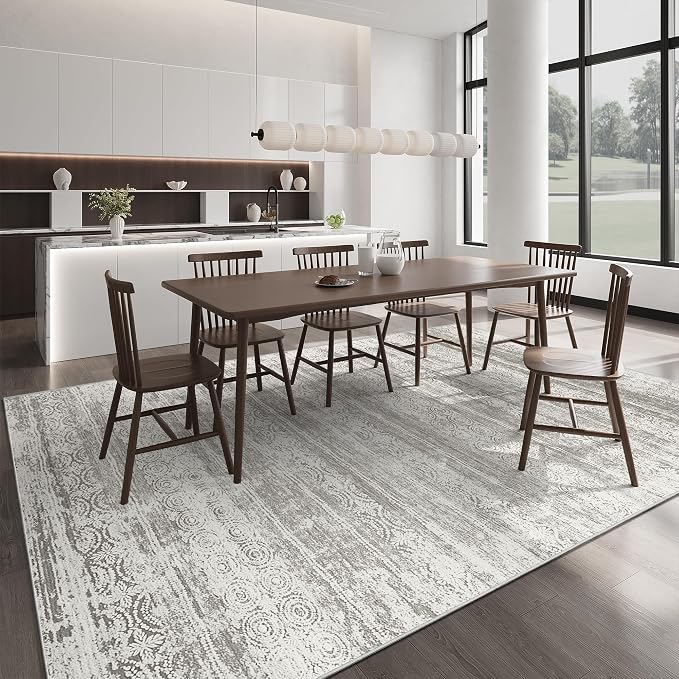 9x12 Area Rug for Living Room - Stain Resistant Machine Washable Non-Shedding Modern Abstract Rug, Soft Thin Indoor No Slip Carpet for Bedroom, Dining Table, Home Office - Charcoal Grey (9'x12')