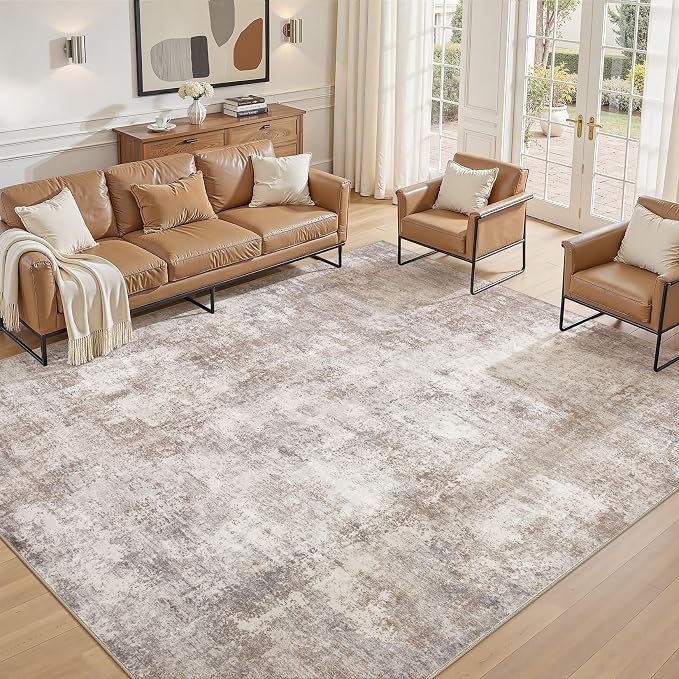 9x12 Area Rugs for Living Room, Washable Non Slip Bedroom Carpet | Neutral Modern Abstract Large Area Rug, Soft Low Pile Lightweight Made for Dining Room, Nursery, Home Office Decor - Brown