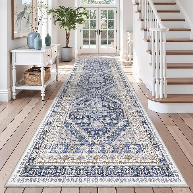 zesthome 3x10 Runner Rug Non Slip Washable for Entryway, Vintage Hallway Runner for Front Porch, Laundry Room, Bedroom, Abstract Stain Resistant Thin Indoor Kitchen Mats for Floor(Blue/Beige,3'x10')