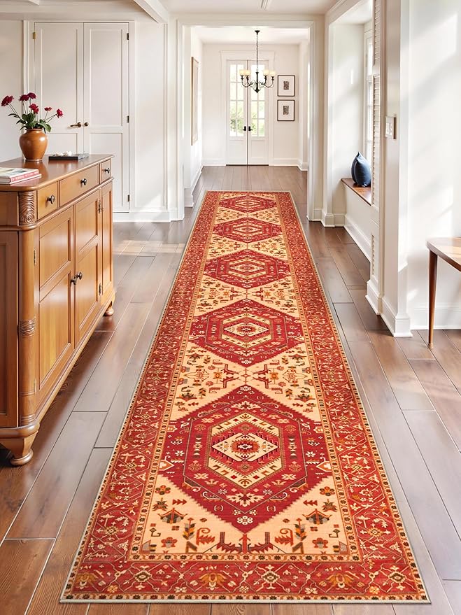 SERISSA Runner Rug for Hallways, 2'6"x14' Washable Non Slip Kitchen Runner Rug, Extra Long Boho Rug Ultra Soft Vintage Red Print Floor Carpet for Bedroom Hallway Entryway Bathroom Laundry Room